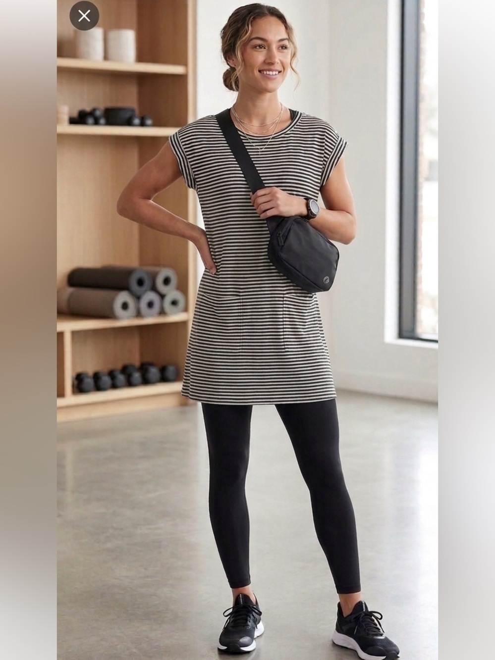 ATHLETA Ease Up Gray Black Striped 2 Square Pocket Tunic Dress Small Petite